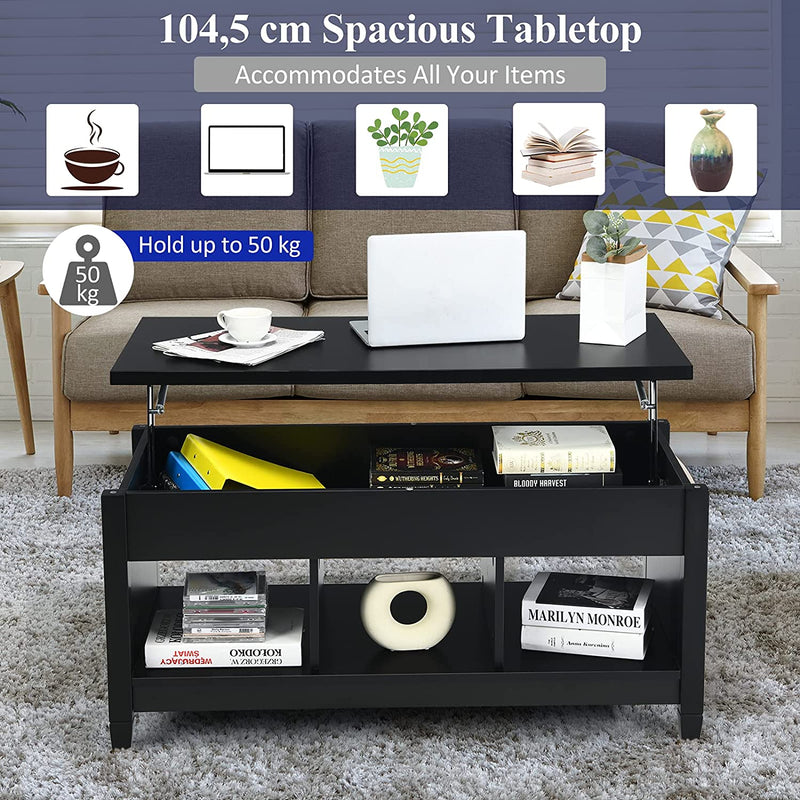 Salontafel met uitschuifbaar tafelblad, rechthoekige koffietafel met verborgen opbergruimte, 3 open schappen en massieve poten(Zwart)