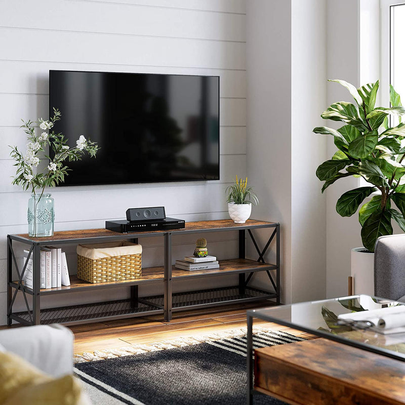 TV-kast, TV-tafel, lowboard voor TV tot 70 inch, TV-kast met rekken, stalen frame,  bruin-zwart LTV095B01