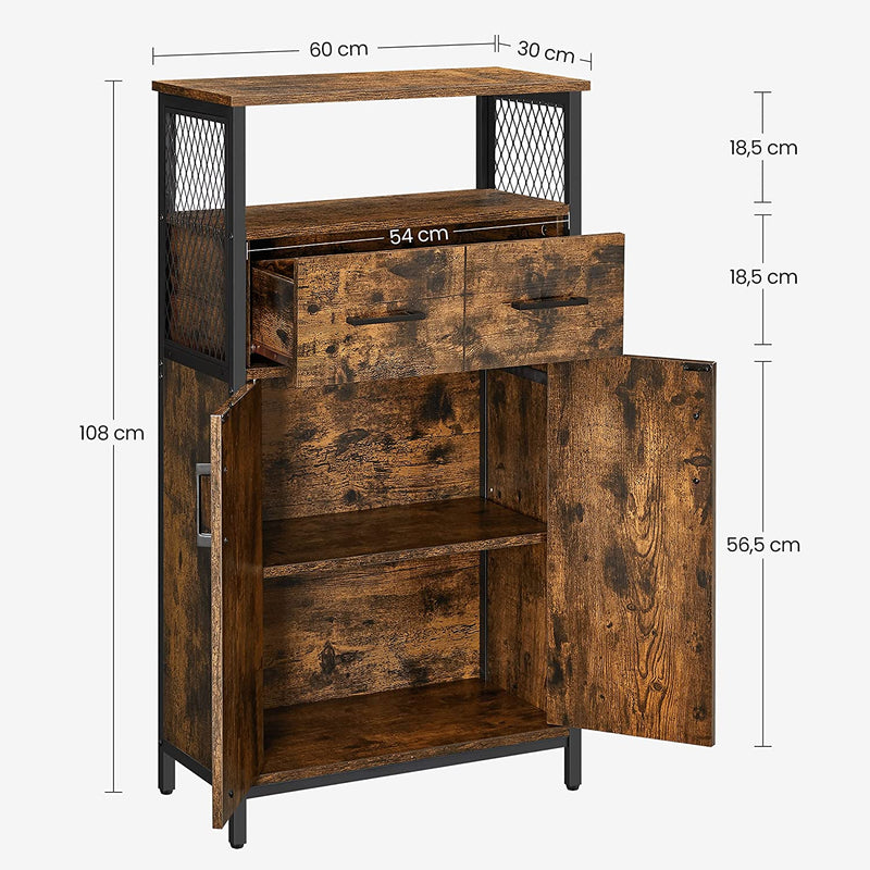 Badkamerkast, dressoir, opbergkast, verstelbare plank, stalen frame, voor woonkamer, keuken, industriële stijl, vintage bruin-zwart LSC261B01