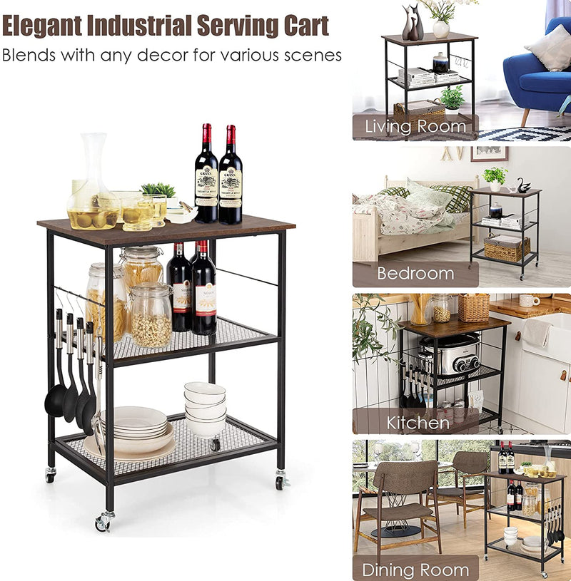 Keukenwagen serveerwagen, 3 lagen opslag keukenplank met flexibele wielen, 2 gaas planken & 5 opknoping haken, industriële vintage stijl, afsluitbare keukentrolley voor keuken, woonkamer (Koffie)