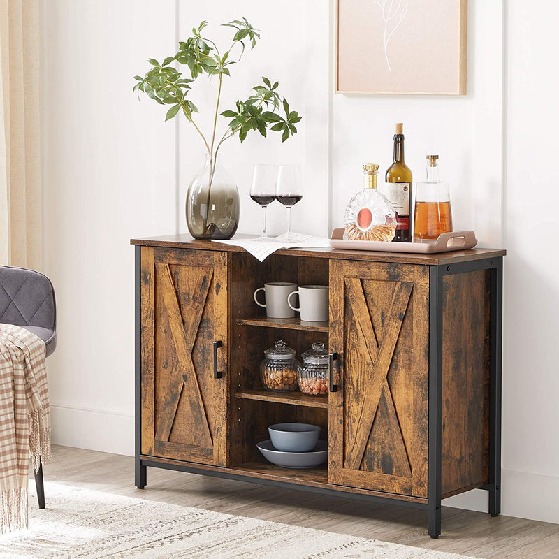 Sideboard, bijzetkast, keukenkast met open planken, gangkast, commode met deuren, woonkamer, eetkamer, hal, industrieel design, vintage bruin-zwart LSC098B01