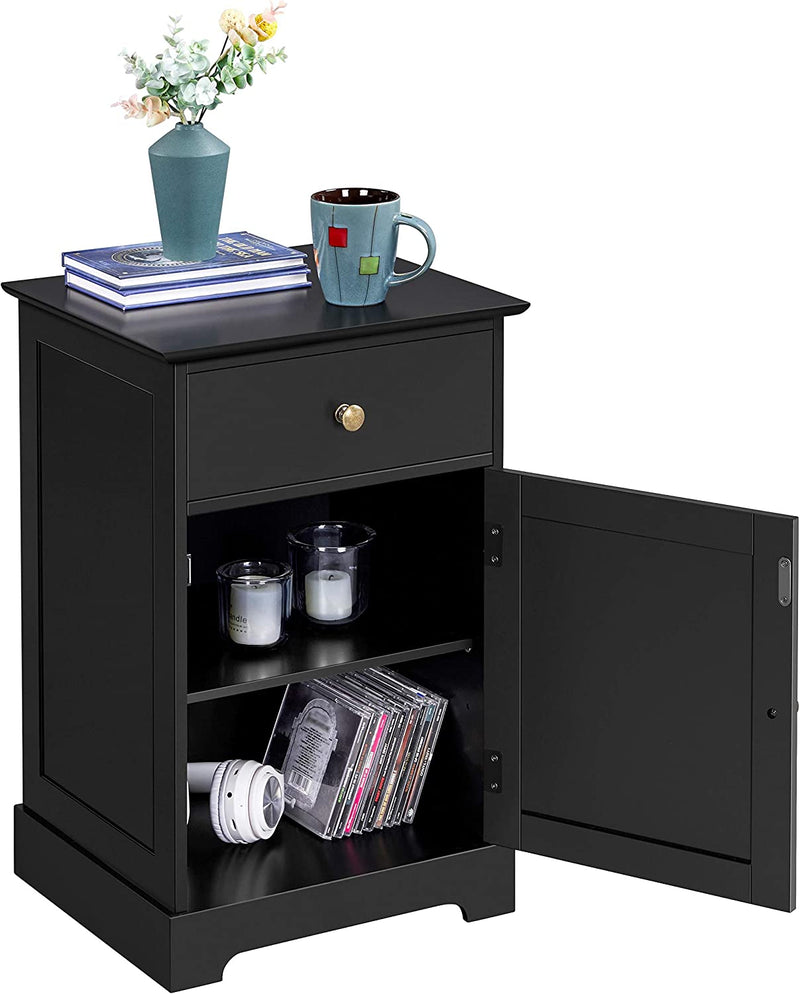 Set van 2 nachtkastjes met lade en kast, verstelbare legplank, zwart