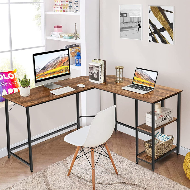 L-vormige bureau, kantoor/thuis bureau met twee opbergrek, hoogwaardige metalen frame, computer hoekbureau voor kantoor, ruimtebesparend, eenvoudig te monteren (Bruin)
