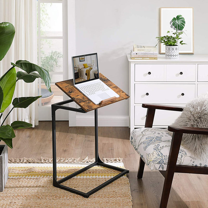 bijzettafel, laptoptafel met verstelbaar oppervlak, banktafel, bureau, slaapkamer, woonkamer, eenvoudige constructie, stalen frame, industriële stijl, vintage bruin-zwart LNT057B01