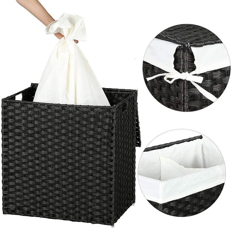Wasmand handgeweven, synthetische rotan wasmand, met deksel en handvatten, wassorteermachine, opvouwbaar, waszak afneembaar, zwart LCB52BK