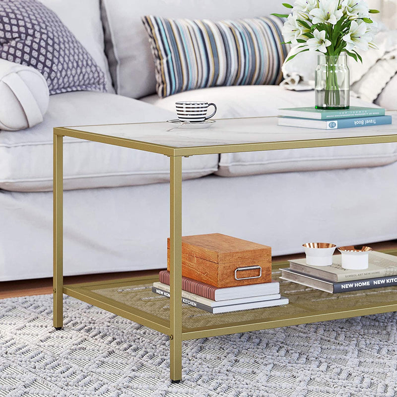 Salontafel, salontafel met gehard glas en dicht rasterwerk, gemaakt van metalen frame, , goudmarmeren look LGT031W01