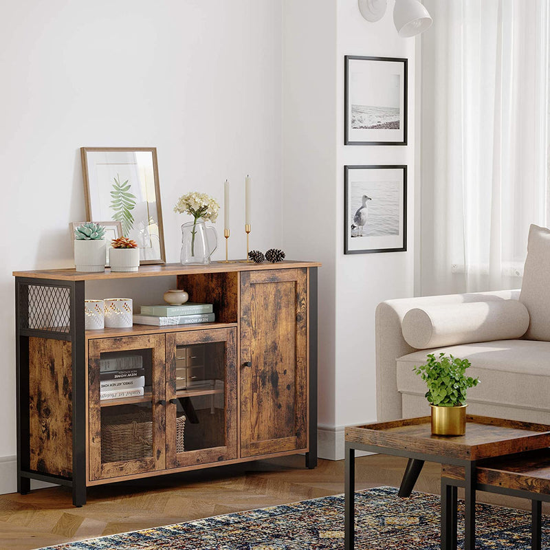 Sideboard, keukenkast, opbergkast, met 3 deuren, voor woonkamer, keuken, eetkamer, 110 x 33 x 75 cm, industriële stijl, vintage-bruin-zwart LSC096B01