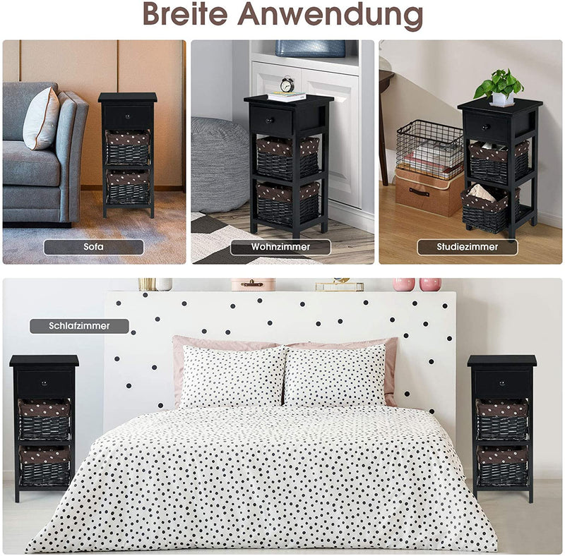 3-laags houten nachtkastje, modern nachtkastje met 1 lade en 2 opbergmanden,  (Zwart)