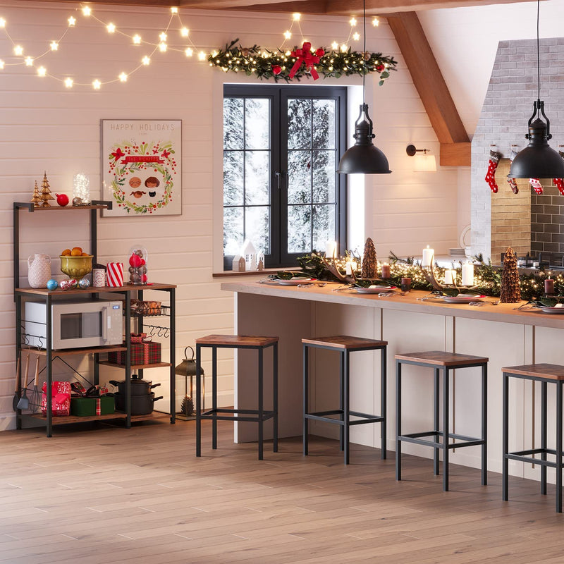 keukenplank, staande plank met metalen mand, bakkerijplank met 6 S-haken en planken, magnetronplank, kruidenrek, voor potten en pannen, industrieel ontwerp, vintage bruin-zwart KKS35X