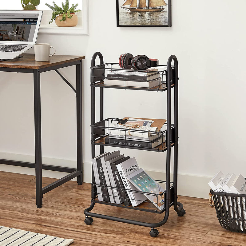 Serveerwagen, keukenwagen, keukenrek op wielen, trolley met 3 niveaus, wielen 360° draaibaar, voor keuken, eetkamer, woonkamer, werkkamer, vintage bruin-zwart LRC031B01