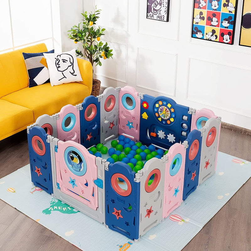 Multifunctionele baby grondbox 14/16 panelen, kinder speelbox babybox, (Donkerblauw + roze, 14 panelen)