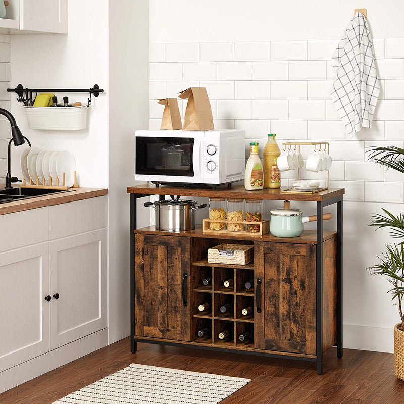 Sideboard, keukenkast, opbergkast, wijnkast, met 2 deuren, voor woonkamer, keuken, eetkamer, 100 x 35 x 81,4 cm, industriële stijl, vintage bruin-zwart LSC094B01