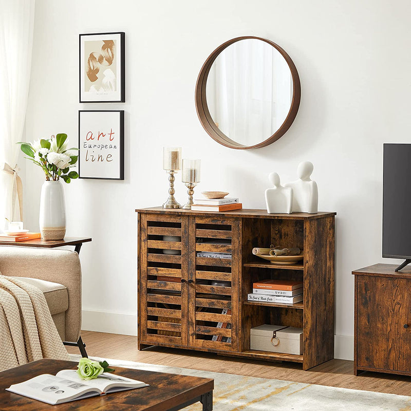 Dressoir, keukenkast met 2 lamellendeuren, verstelbare legplank, vrijstaand, 3 open vakken, voor eetkamer, 100 x 35 x 75 cm, vintage bruin LBF004X01