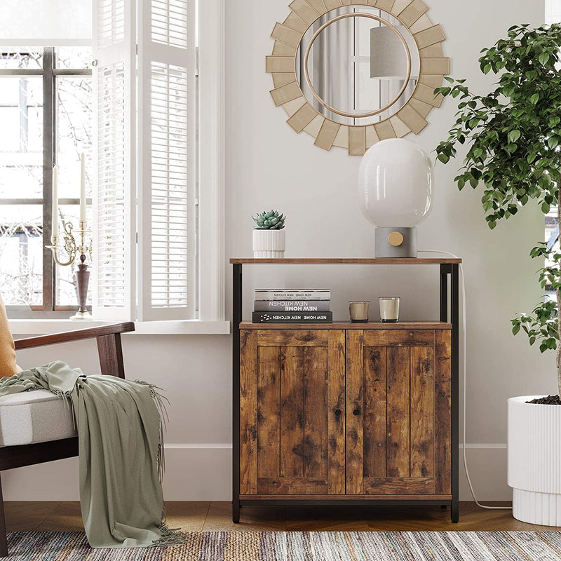 Dressoir, multifunctionele kast met deuren en verstelbare planken, voor woonkamer, slaapkamer, hal, industrieel design, vintage bruin-zwart LSC087B01