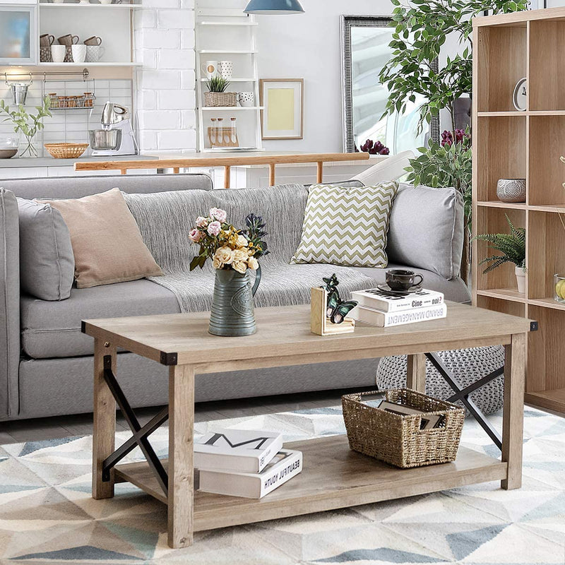 Rustieke salontafel, koffietafel cocktailtafel met opbergrek,  (Grijs)