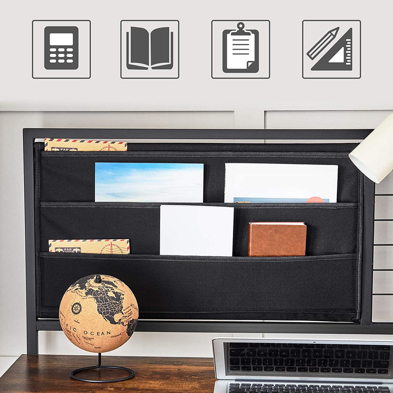 Computertafel, bureau, met raster en opbergvakken van stof, stalen frame, 118 cm lang, bruin-zwart LWD068B01