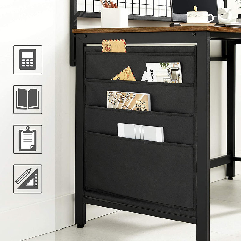 Computertafel, bureau met roosterwand, stoffen opbergvakken, voor foto's, briefpapier, industrieel, vintage bruin-zwart LWD053B01