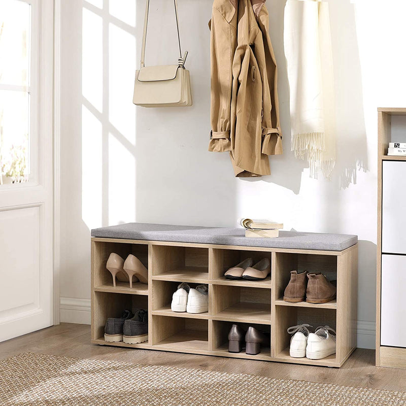 Schoenenbank, schoenenrek, schoenenopslag, zitbank, 10 vakken, met bekleding, voor de entree, hal, slaapkamer, 104 x 30 x 48 cm, houtlook LHS10NL
