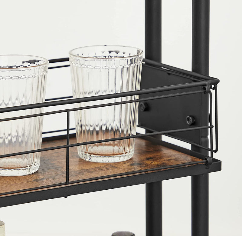 Serveerwagen, keukenwagen, keukenrek op wielen, trolley met 3 niveaus, wielen 360° draaibaar, voor keuken, eetkamer, woonkamer, werkkamer, vintage bruin-zwart LRC031B01