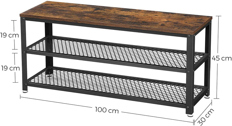 Schoenenbank, schoenenrek met 2 planken, opslag voor schoenen, 100 x 30 x 45 cm, voor entree, hal, woonkamer, metalen frame, industrieel design, vintage bruin-zwart LBS078B01