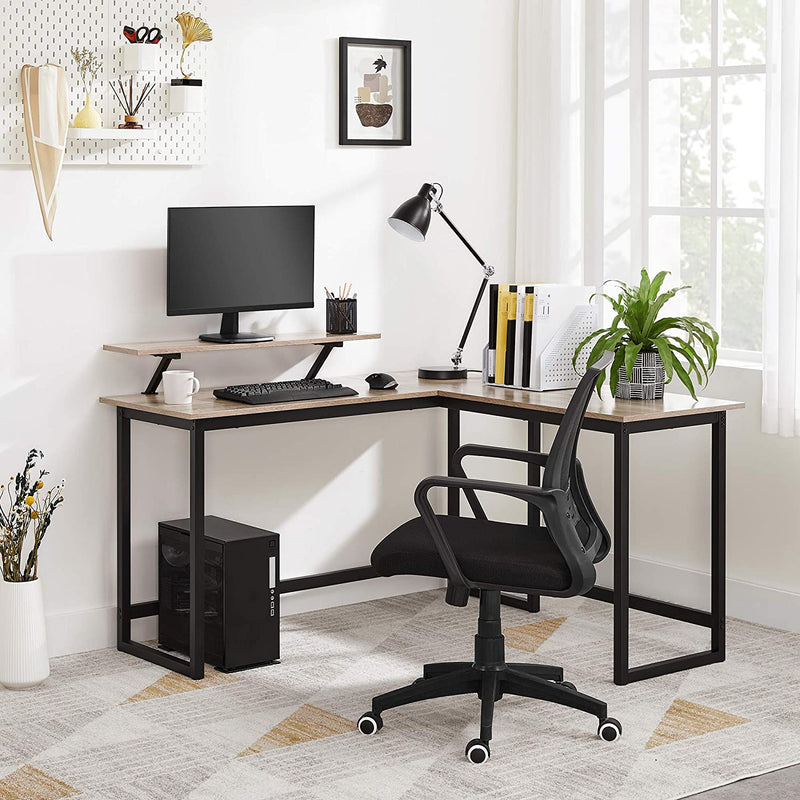 Bureau, L-vormig computerbureau met beweegbare monitorbevestiging, hoekbureau,  greige-zwart LWD056B02