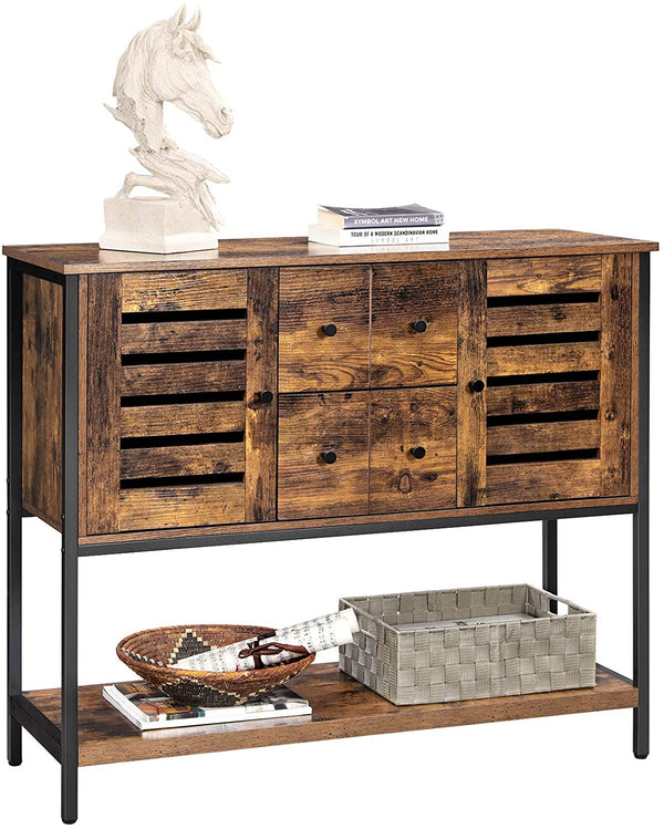 Sideboard, kast met 2 laden en deuren, 1 plank, voor eetkamer, woonkamer, keuken, 100 x 35 x 84,5 cm, industrieel design, vintage bruin-zwart LSC082B01