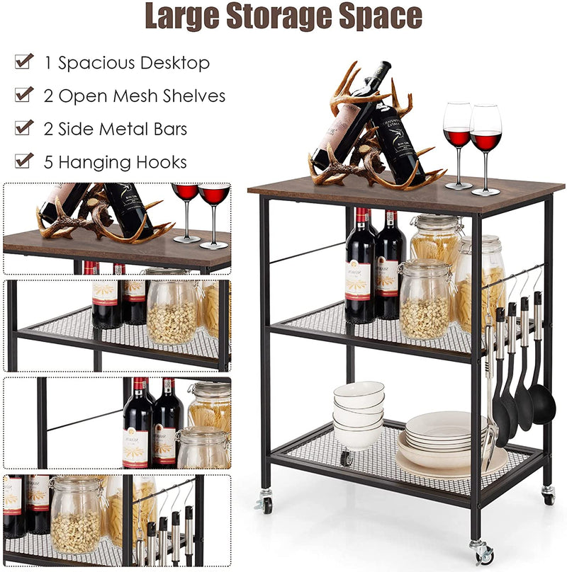 Keukenwagen serveerwagen, 3 lagen opslag keukenplank met flexibele wielen, 2 gaas planken & 5 opknoping haken, industriële vintage stijl, afsluitbare keukentrolley voor keuken, woonkamer (Koffie)