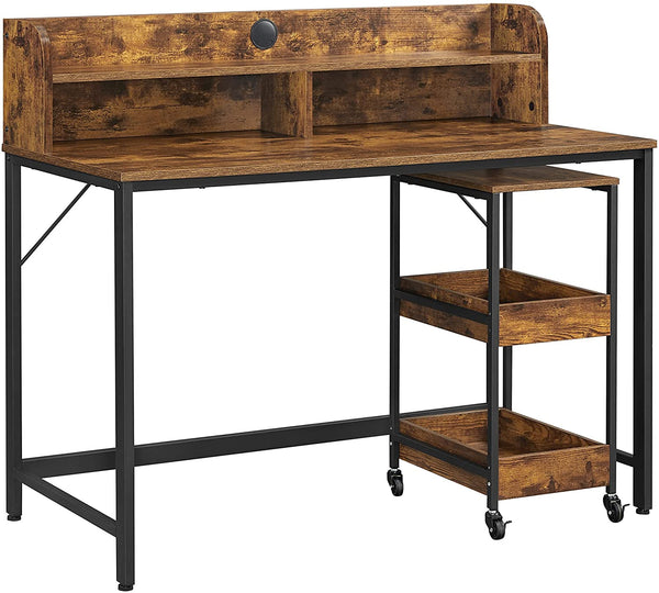 Computer bureau, bureau met monitorstandaard, gat voor kabels, kantoorset, 3 lagen rolwagen,  bruin-zwart LWD066B01