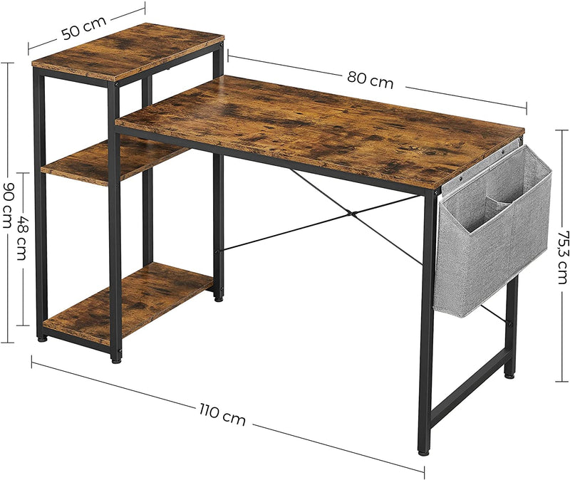 Bureau, computerbureau met legbord, verstelbaar legbord, met zijvak, 110 x 50 x 90 cm, industrieel ontwerp, vintage bruin-zwart LWD087B01