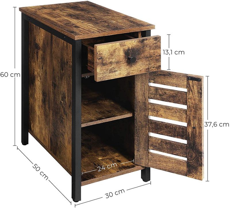 Bijzettafeltje, met lade, 30 cm nachtkastje voor kleine kamers, lamellendeurtje, metalen frame, industrieel ontwerp, vintage bruin-zwart LET066B01