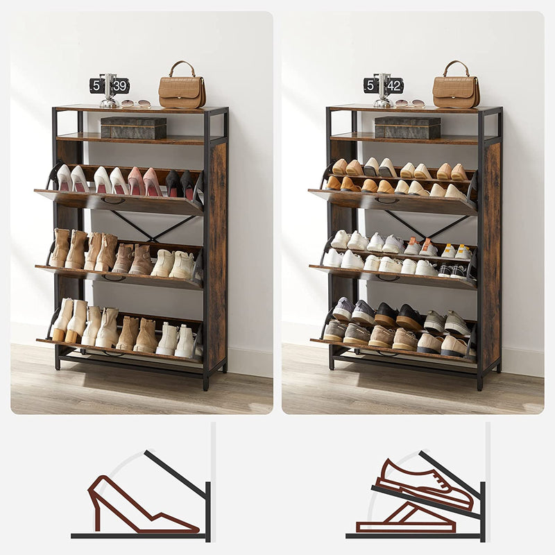 schoenenkast met 3 kleppen,  met 3 vakken, , voor 15-24 paar schoenen, 80 x 30 x 130 cm, vintage bruin-zwart LBS802B01