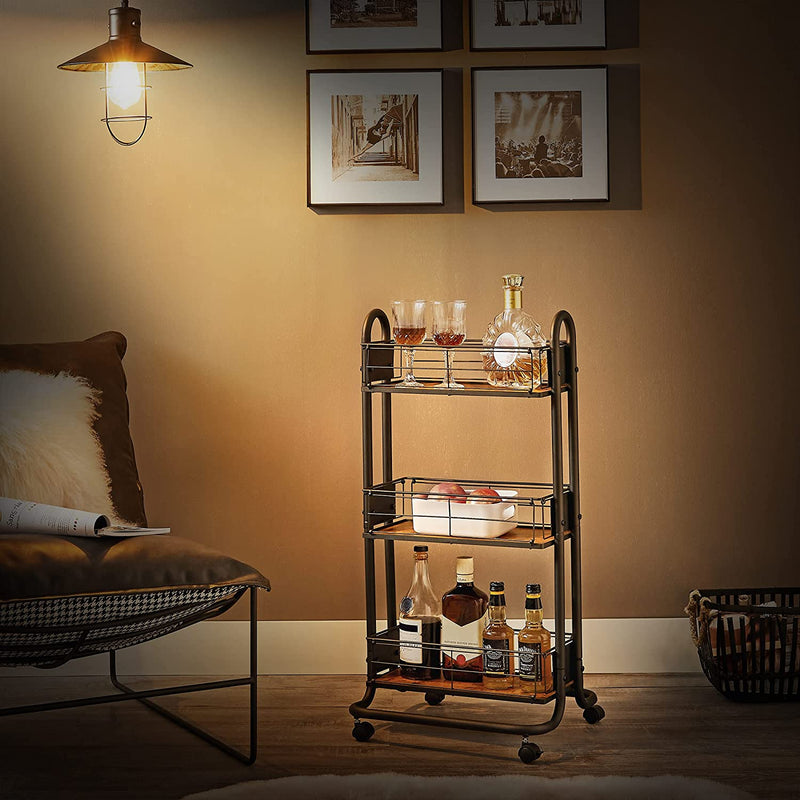 Serveerwagen, keukenwagen, keukenrek op wielen, trolley met 3 niveaus, wielen 360° draaibaar, voor keuken, eetkamer, woonkamer, werkkamer, vintage bruin-zwart LRC031B01