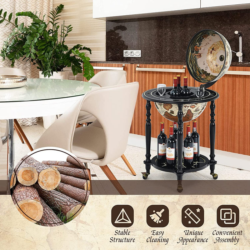 Wereldbol barwagen, wijnbar standaard, 16e eeuwse nautische kaart wijnkast met wielen, retro houten wijnplank, verplaatsbaar wereldbol wijnrek voor eetkamer & woonkamer, crème wit