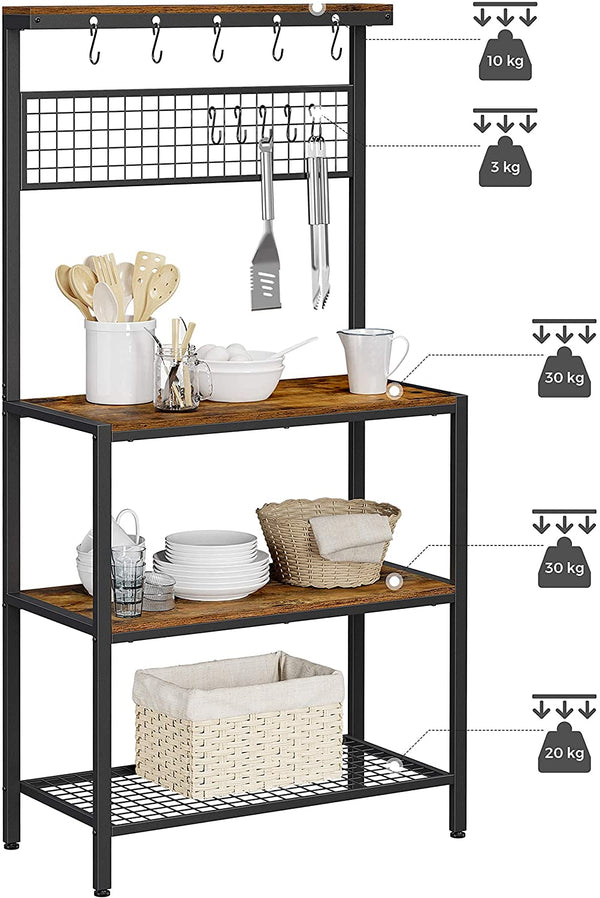 keukenplank, staande plank voor de keuken, plankniveaus in houtlook, 10 haken, metalen roosterplank, voor magnetron, serviesgoed, 84 x 40 x 170 cm, industrieel ontwerp, vintage bruin-zwart KKS17BX