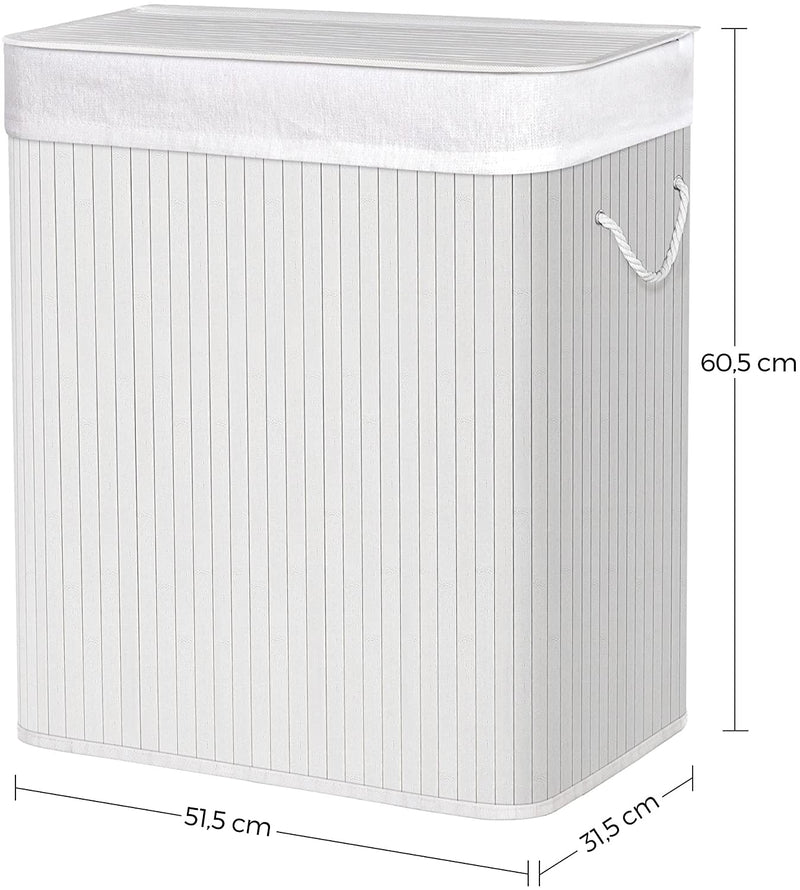 Wasmand  Bamboe Wasmand, Wasmand met Handvaten, Deksel met Clips, Opvouwbaar, Waszak verwijderbaar, Wit LCB071W01
