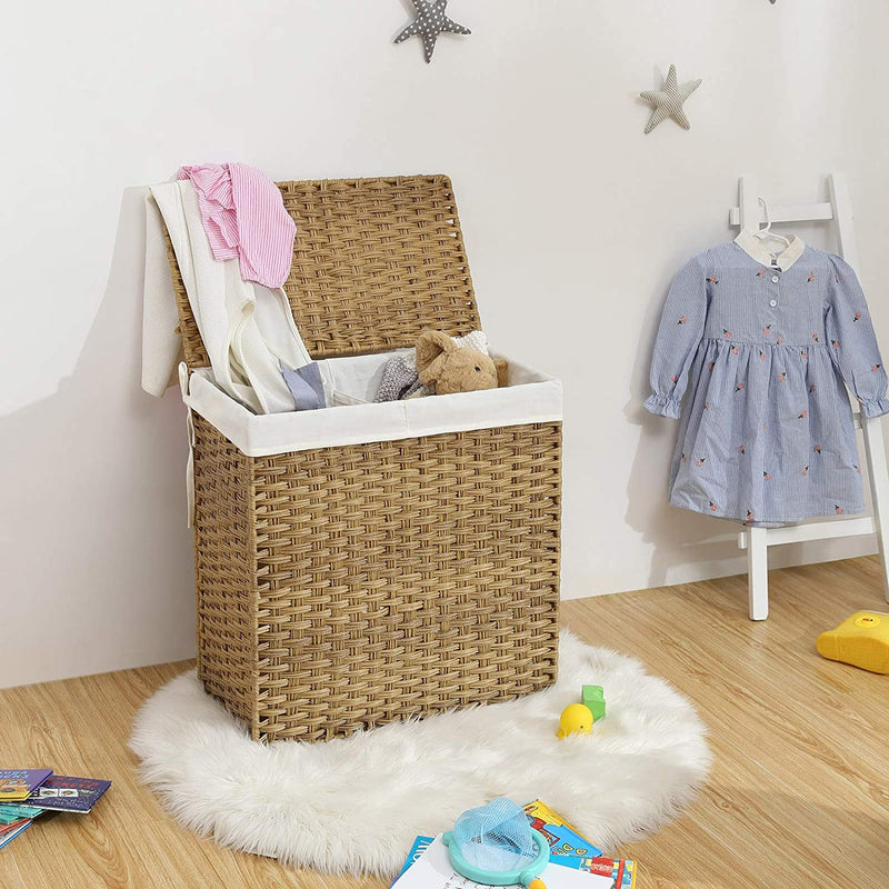Wasmand handgevlochten, wasmand van synthetisch rotan, met deksel en handgrepen, wassorteerder, opvouwbaar, waszak uitneembaar, natuurlijke kleuren LCB52NL