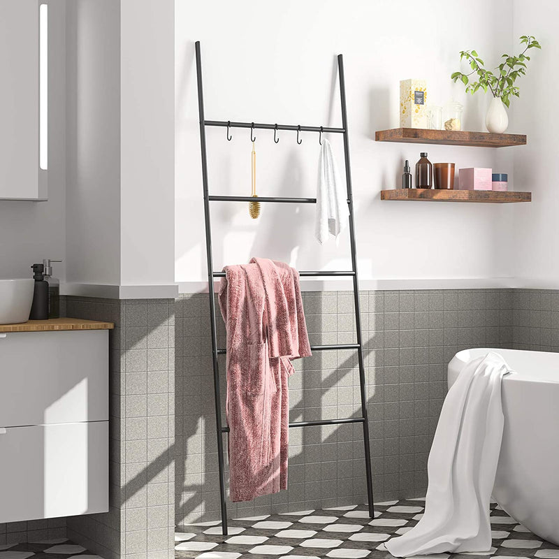 Handdoekladder, ladderrek, handdoekenrek met 5 afneembare haken,  zwart EBK62CJ01