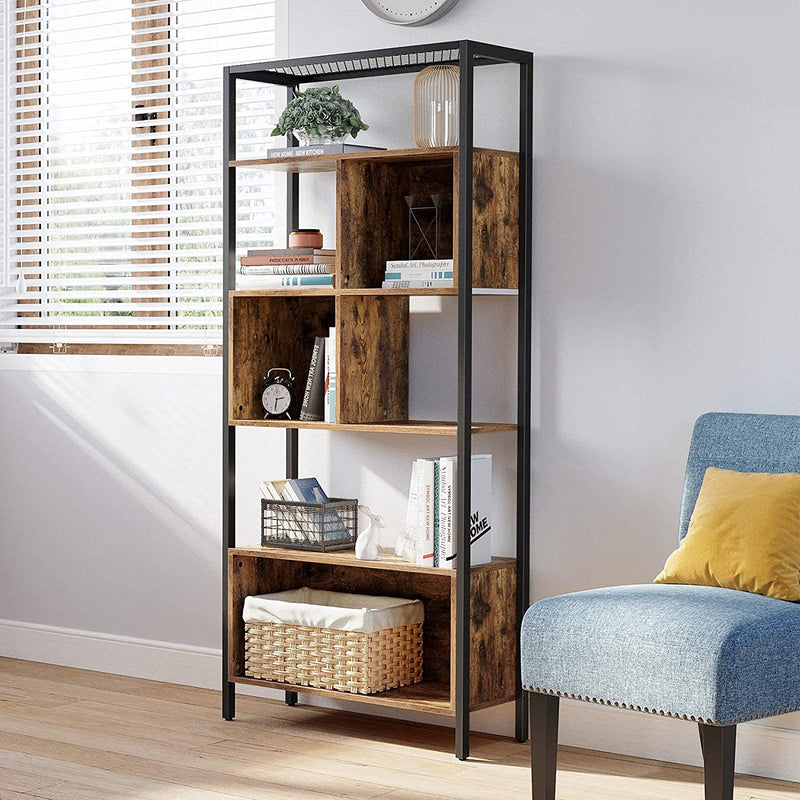 Boekenplank, staande plank, opslagplank met 5 niveaus, stalen frame, industrieel ontwerp, vintage bruin-zwart