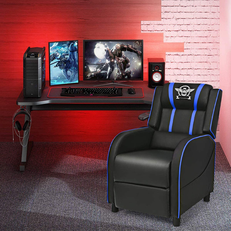 Gaming leunstoel fauteuil, PU lederen enkele leunstoel relaxstoel, verstelbare moderne woonkamer ligstoel, televisiestoel met voetsteun en lumbaal kussen, thuisbioscoop zittingen (Blauw)