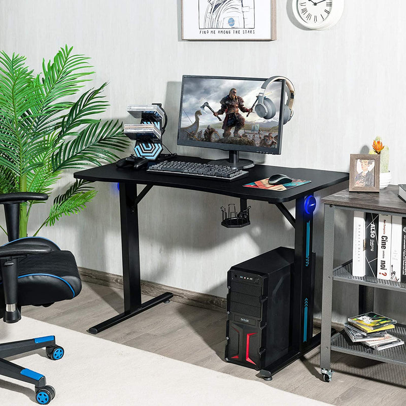 Gaming Bureau 110cm, T-vormige computertafel met Game Controller Stand, bekerhouder en LED licht, Ergonomische thuiskantoor gamestation met koolstofvezel oppervlak