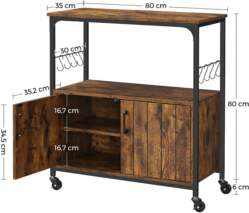 serveerwagen, keukenkast met deuren, keukentrolley, 8 haken, voor eetkamer, woonkamer, keuken, vintage bruin-zwart LSC093B01