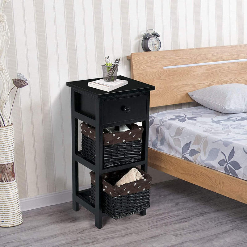 3-laags houten nachtkastje, modern nachtkastje met 1 lade en 2 opbergmanden,  (Zwart)