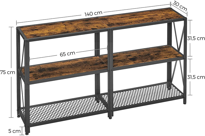 Consoletafel, smalle gangtafel met 3 niveaus, open planken, sofastafel, 140 x 30 x 75 cm, metalen frame, bijzettafel, industrieel design, woonkamer, hal, vintage bruin-zwart LNT071B01
