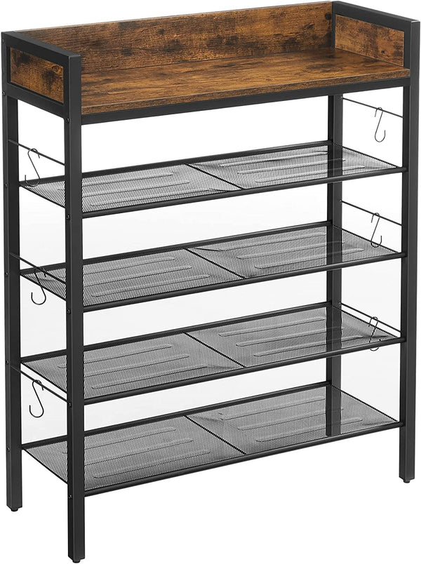 Schoenenrek, 4 roosterplanken, plaats voor 14 paar schoenen, opstaande randen, voor sneakers, hoge hakken, slippers, industriële stijl, vintage bruin-zwart