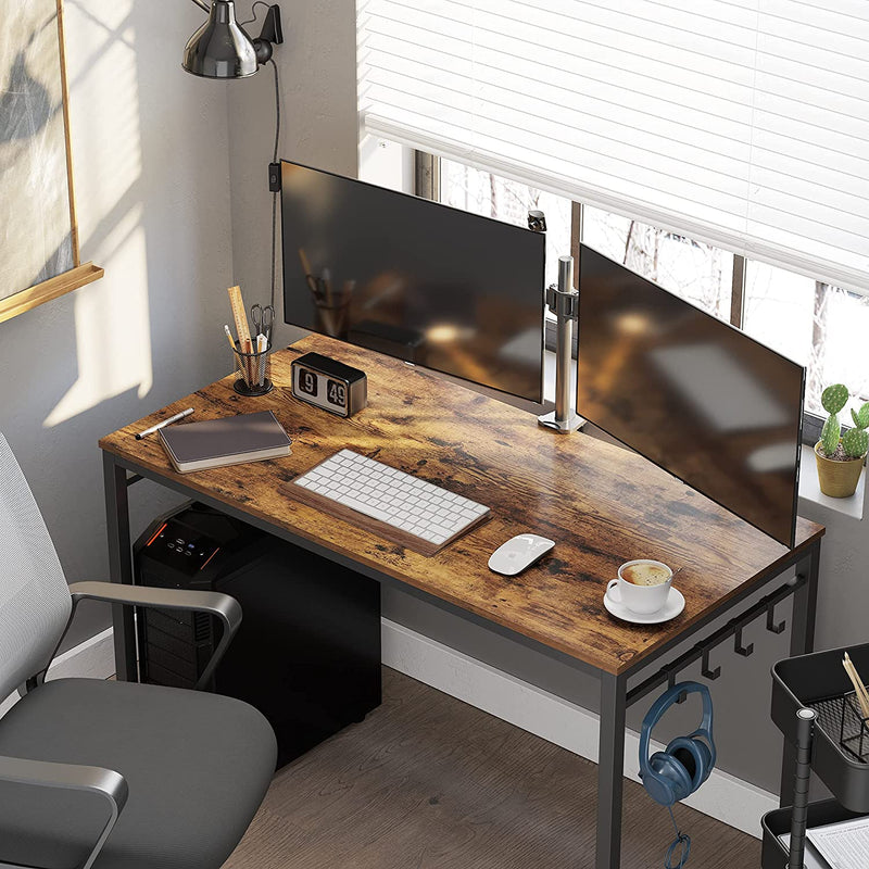 Bureau, computer bureau, bureau met 8 haken, 120 x 60 x 75 cm,  bruin-zwart LWD58X