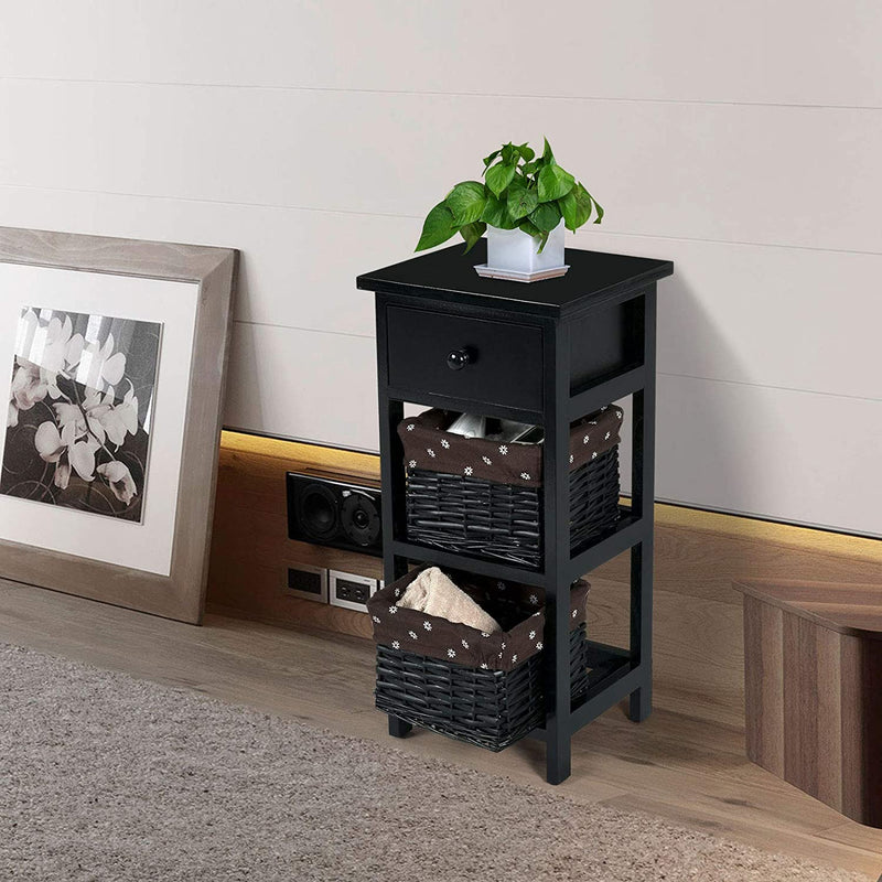 3-laags houten nachtkastje, modern nachtkastje met 1 lade en 2 opbergmanden,  (Zwart)