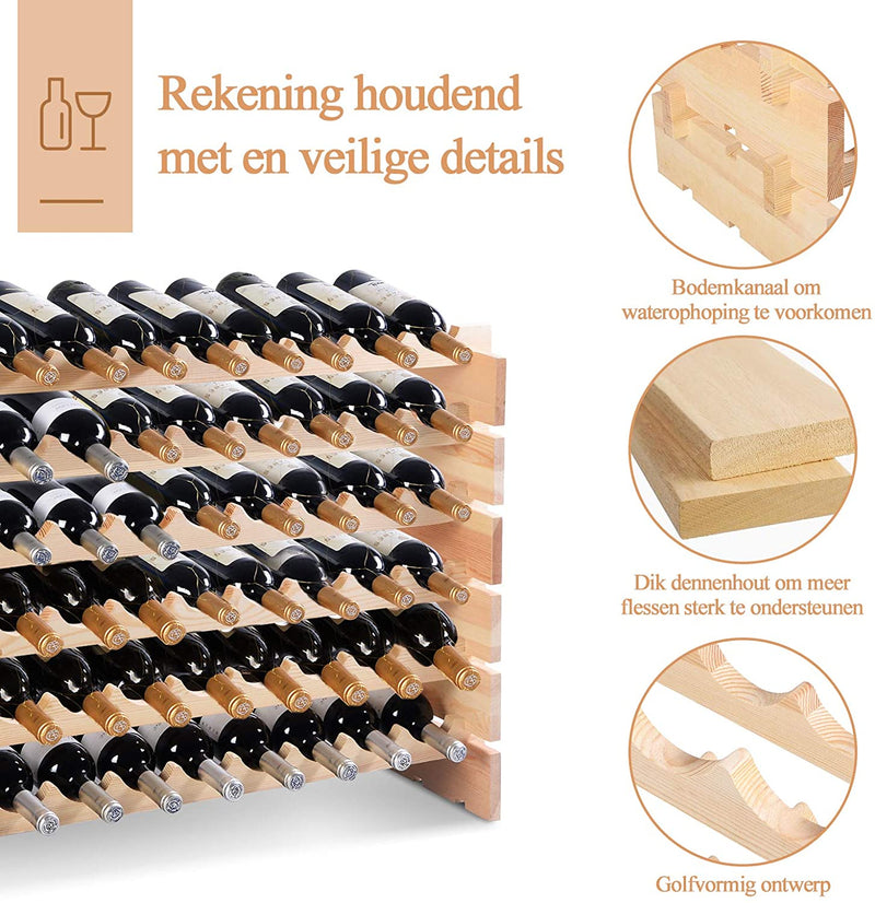 wijnrek, 72 fles capaciteit wijnopslag rek, Stapelbare  vrijstaande dennenhout vloer wijnopslag houder, Wijn Display planken, wiebel-vrij