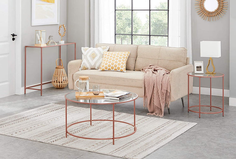 Bijzettafel Rond, Salontafel, Glazen Tafel met Metalen Frame, Gehard Glas, Nachtkastje, Sofa Tafel, voor Balkon, Rose Goud LGT021A02