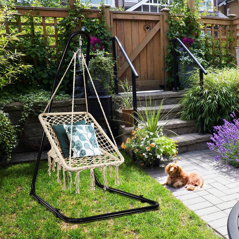 hangstoel, hangende katoenen touw schommelstoel met metalen hoepels, comfortabele vrije tijd geweven kwast hangstoel voor binnen, buiten, tuin, terras, slaapkamer, 120 kg capaciteit