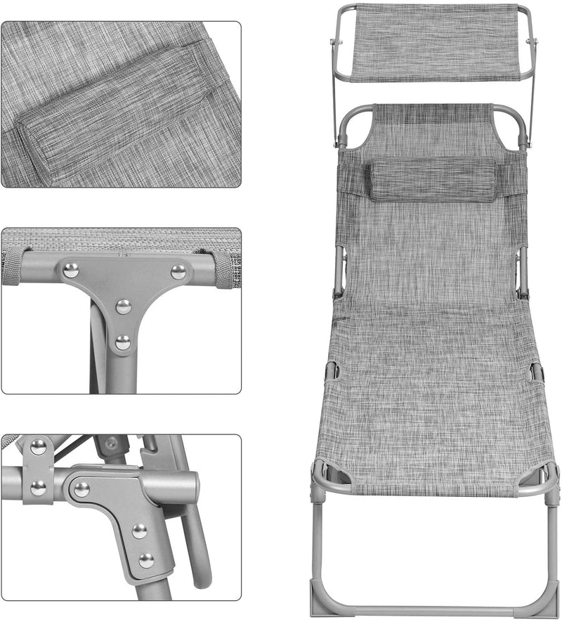 Zonneligstoel, ligstoel, tuinligstoel, met hoofdsteun en zonnedak, rugleuning verstelbaar, licht, inklapbaar, 53 x 193 x 29,5 cm, tot 150 kg ,